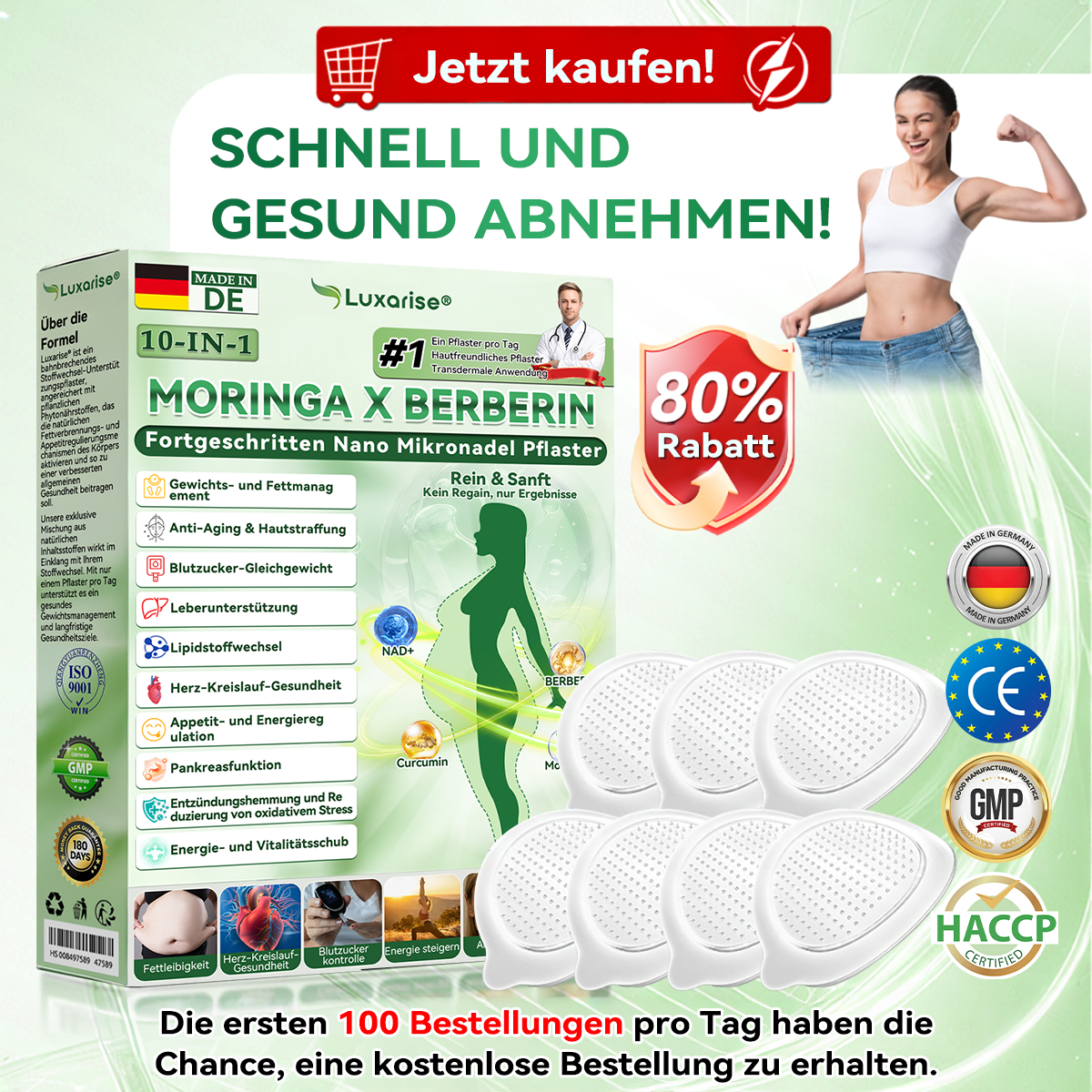 Offizieller Store |𝑳𝒖𝒙𝒂𝒓𝒊𝒔𝒆® Moringa & Berberine 10-IN-1 Fortgeschritten Nano Mikronadel-Pflaster👩‍⚕️(Einmal täglich, sichtbare Veränderungen in 7 Tagen) ✅ Fettleibigkeit, Diabetes, Schlafapnoe und Gelenkprobleme🌵